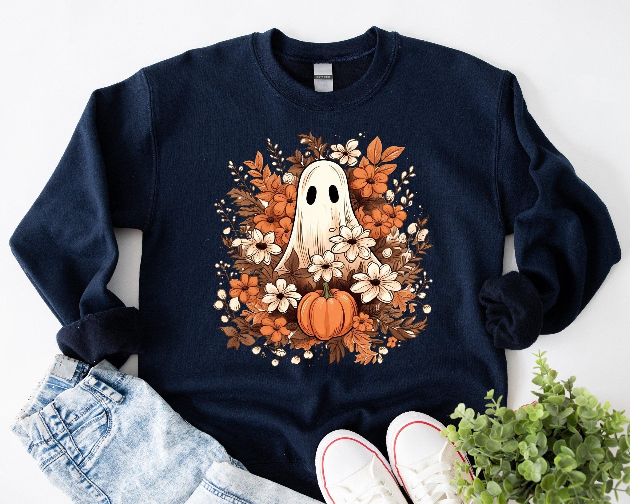 Halloween Ghost Sweatshirt, Spooky Season Shirt, Halloween Boo Shirt, Spooky Vibes Shirt, Autumn Ghost Season Shirt, Halloween Leaves Tee - Nesta Tees