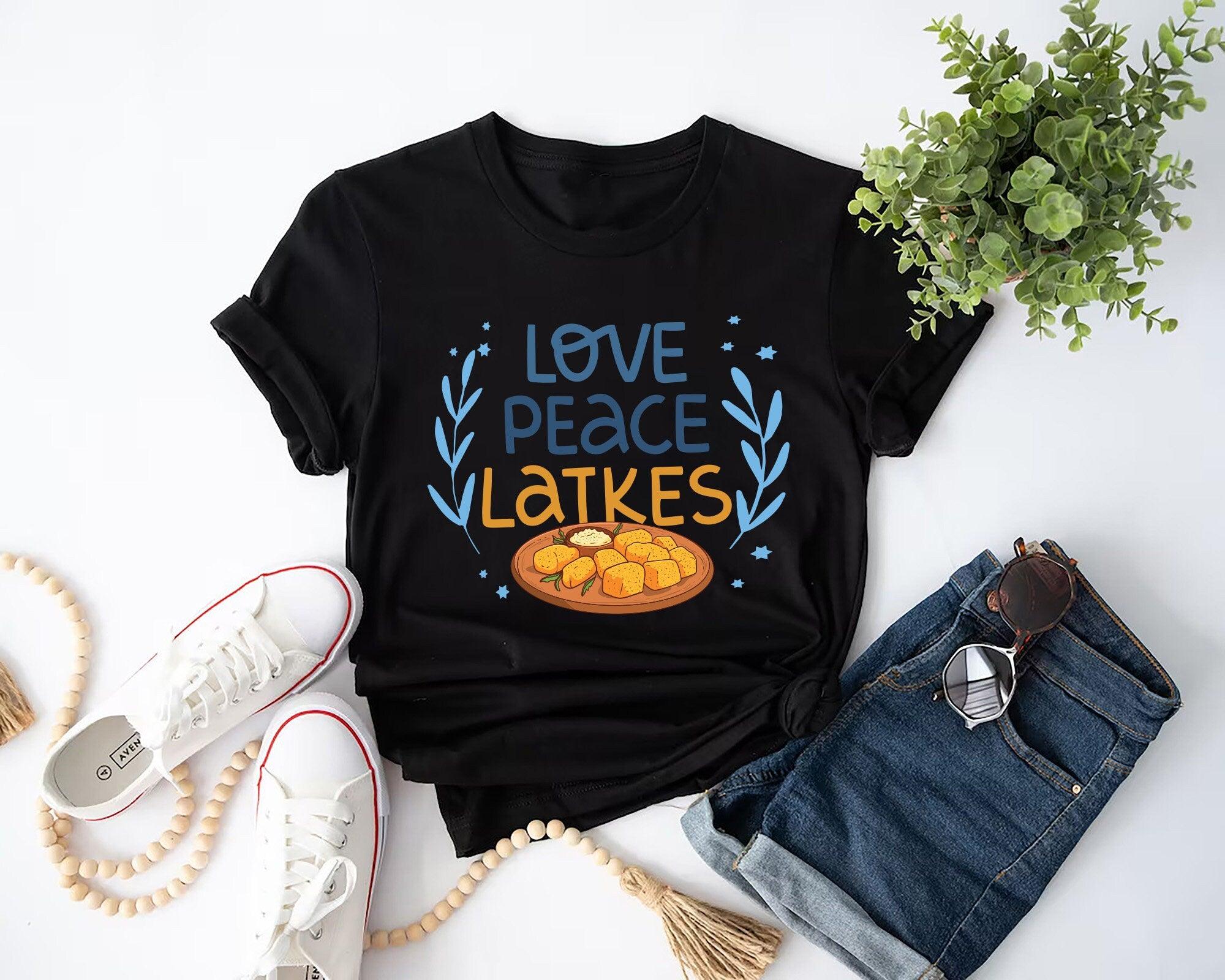 Love Peace Latkes Shirt, Happy Hanukkah Shirt, Shine and Bright Like a Menorah, Chanukah Shirt, Festival of Lights, Jewish Celebration - Nesta Tees