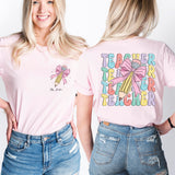 Teacher Pencil Coquette Bow Shirt, Teacher Name T-Shirt