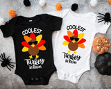 Coolest Turkey Shirt, Baby Thanksgiving Shirt, Turkey Day Dinner Shirt, 1st Thanksgiving Shirt, First Thanksgiving Gift, Turkey Onesie Shirt - Nesta Tees