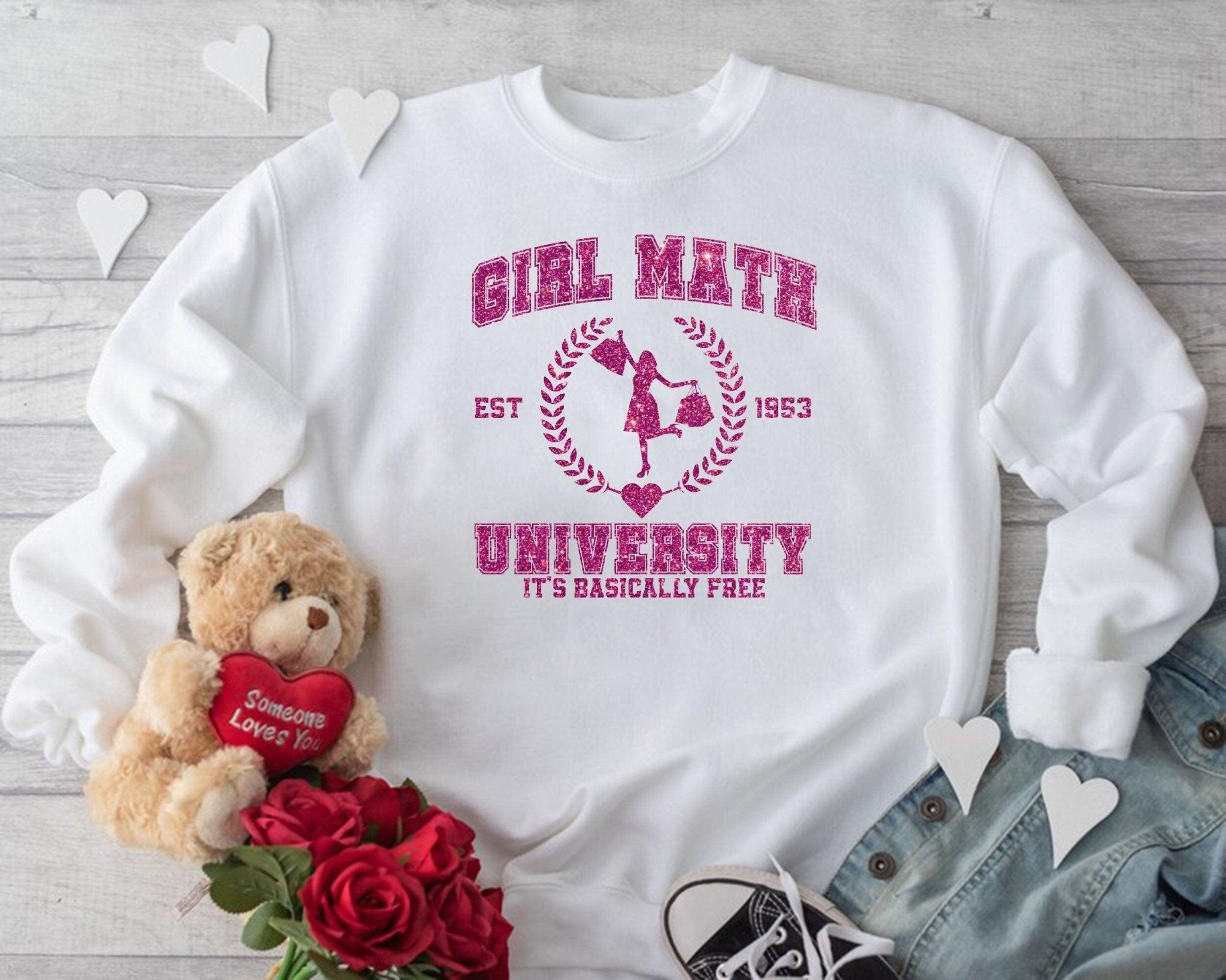 Girl Math It&#39;s Basically Free Sweatshirt, Girl Math University Shirt, Valentines Day Shirt, Groovy Valentine Sweatshirts - Nesta Tees